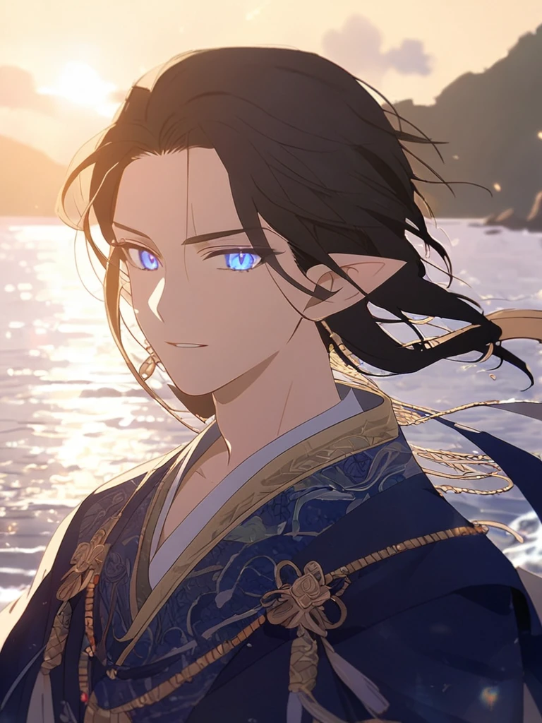 1man, royal, elven, black hair, short messy hairstyle, glowing blue eyes, sea, elegant, traditional thai costume,