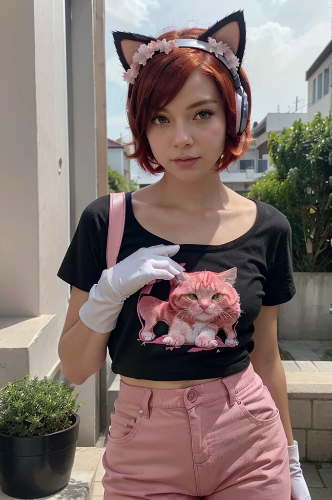 A girl has short red hair, using a pink cat headset, black shirt, pink pants, wearing flowers on the head, use white gloves