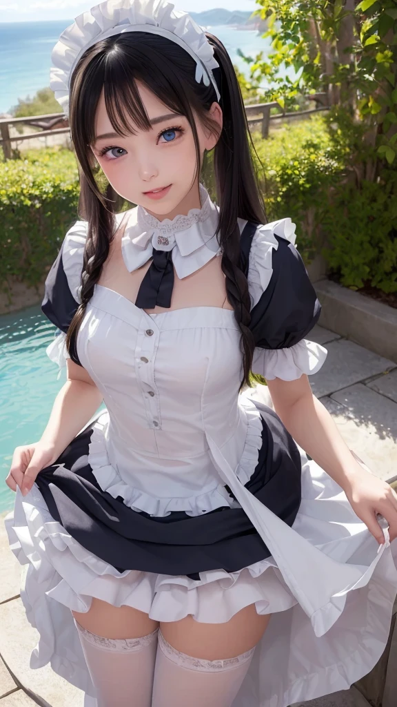 ((masterpiece)), ((highest quality、Ultra high definition)), (Very detailed),8K、Photo quality、((Amazingly cute girl)),( ), Two people, , (Beautiful emerald blue eyes), ((smile)),In the open-air bath overlooking the sea, Beautifully arranged black hair in twin tails、whole body、((Super high-end white see-through summer gothic lolita maid costA super mini skirt with lots of frills))、Professional Lighting、(White lace knee-highore detailed and beautiful)、(More details and cutenesore realistic)、(((ウインクしている)))、