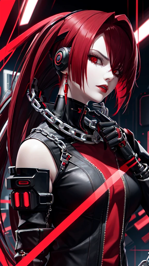 cyber punk woman portrait, with chain jewelry, black and red hair