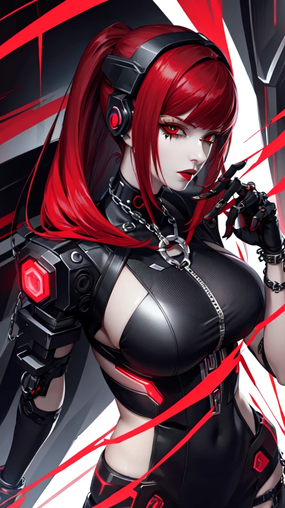 cyber punk woman portrait, with chain jewelry, black and red hair