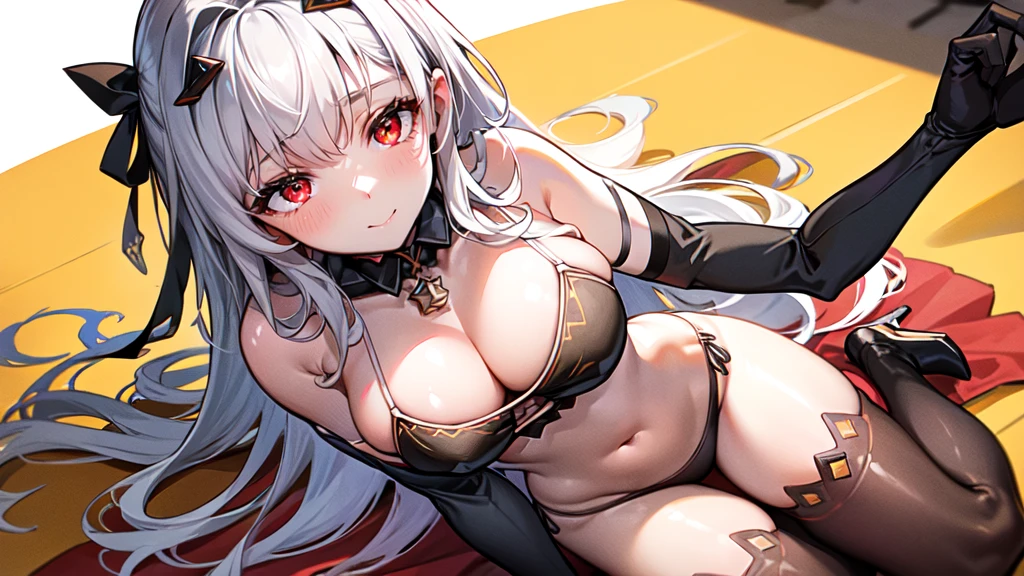 (best quality,8k,highres,masterpiece:1.2),ultra-detailed, solo, edgQuality, hourglass shaped girl, long hair, sipver hair, (glowing eyes), (red eyes), white lingerie, legwear, arm sleeves, (wearing edgcatlingerie), cleavage cutout, (sitting, wariza), bedroom scene, seductive gaze, seductive smile, (soft lights, night scene),