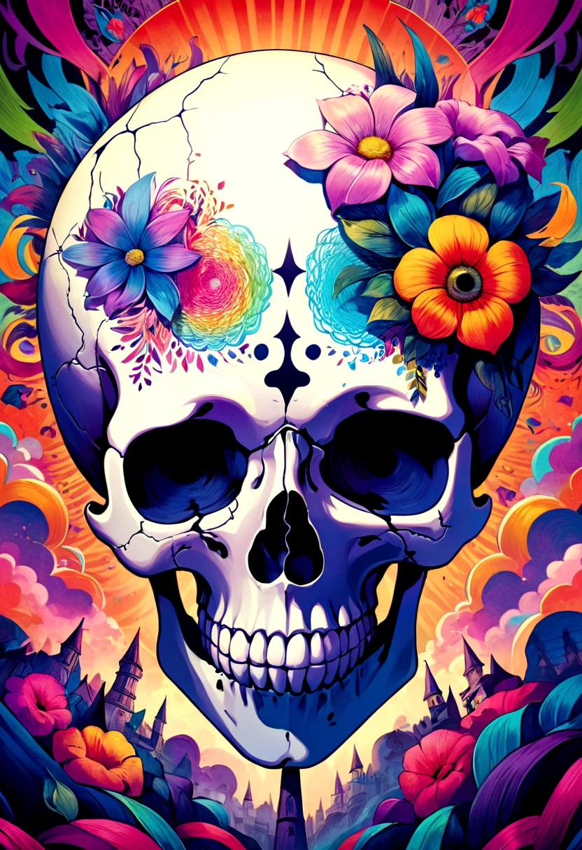 um close up de um skull com uma flor na cabeça, fantasy skull, scary detailed art in color, scary color art in 4 k, skull sagrado, evoking psychedelic background, detailed digital art, skull, skull sagrados, psychedelic illustration, skull de açúcar, skull face, Death skull, scary art in color, fundo vazio liminar do skull, psychedelic art style