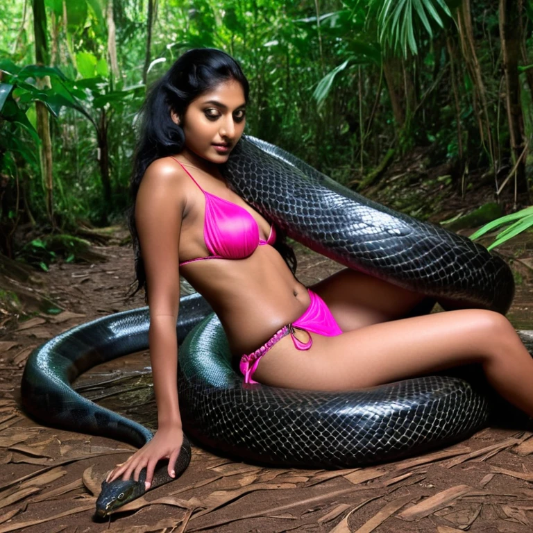 Topless pink thong wearing aroused horny beautiful happy young Indian girl vs Giant black anaconda monster wrapped around her body squeezing her in coiled embrace cuddling and kissing sexual erotic bestiality sex realistic in the rainforest full body, best quality wet