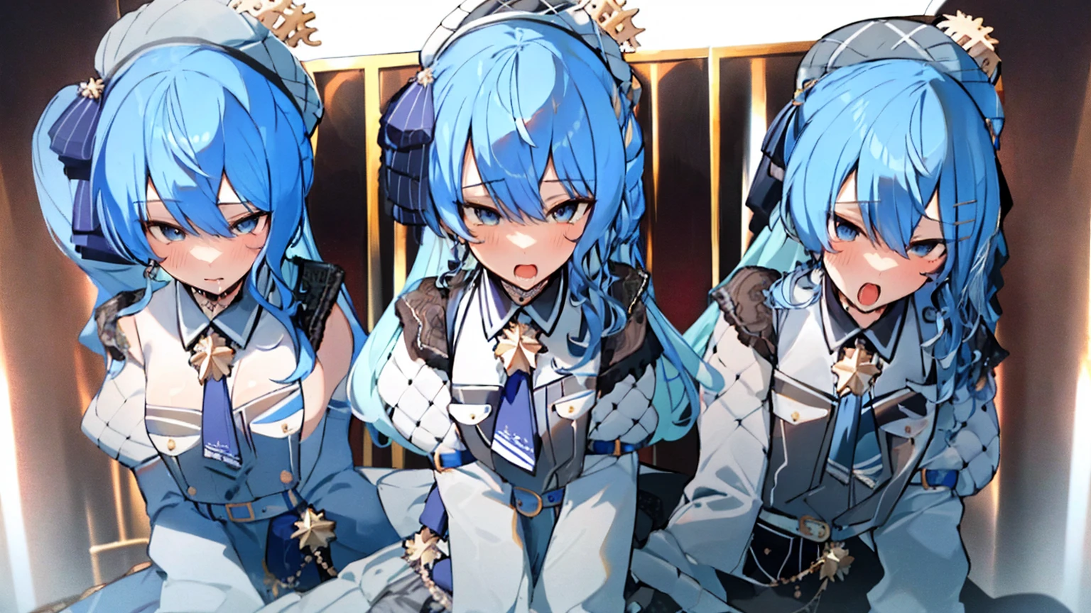 masterpiece, best quality, large breasts, blue eyes, forehead bangs, blue hair, long hair, embarrassed, with angelic wings, (angelic halos:1.2), in a heavenly paradise. flowing white gowns with golden accents and delicate, multiple girls, (1boy:1.2), (pov:1.2), (sex:1.2), (3girls:1.2), (cowgirl position:1.3), (girl on top:1.2), (straddling:1.2), (nsfw:1.2)