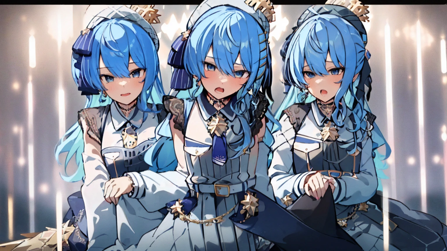 masterpiece, best quality, large breasts, blue eyes, forehead bangs, blue hair, long hair, embarrassed, with angelic wings, (angelic halos:1.2), in a heavenly paradise. flowing white gowns with golden accents and delicate, multiple girls, (1boy:1.2), (pov:1.2), (sex:1.2), (3girls:1.2), (cowgirl position:1.3), (girl on top:1.2), (straddling:1.2), (nsfw:1.2)