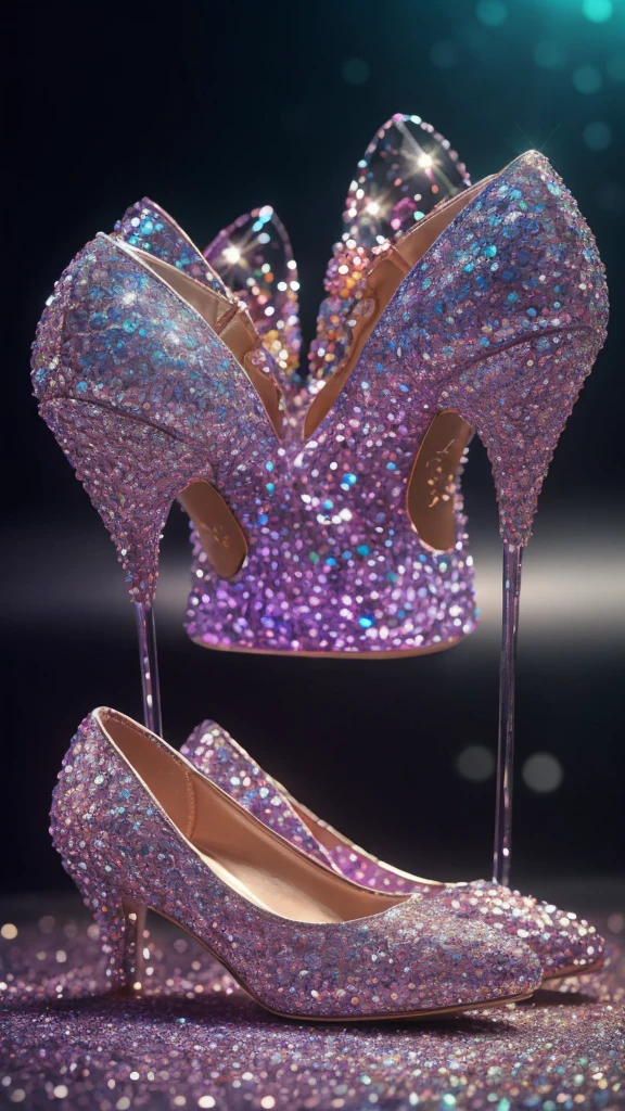 Crystal shoes, fanciful, galaxias, cleanness, glittery, glittery, Splendor, Colorful, Amazing photography, dramatic lighting, photo-realism, ultra - detailed, 4K, depth of fields, A high resolution
