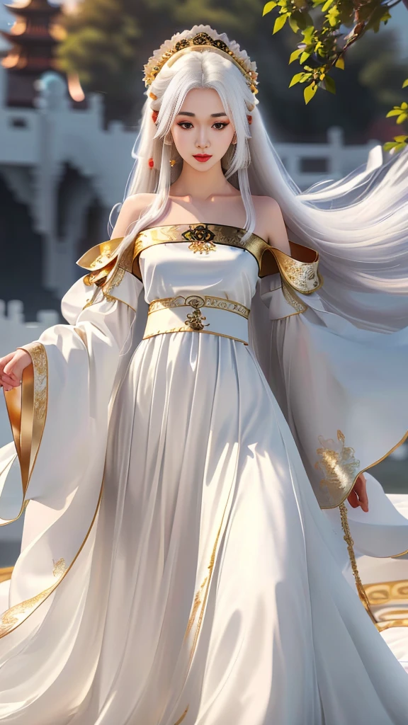 Girl in traditional Chinese clothing, Hanfu, Guzhen Hanfu women, White Hanfu,(long straight white hair:1.5), black eyes, black bun hairstyle, hair accessories ,white diamond earrings, Bangle Diameter, Dia Necklace, Clear eyes, Facing forward,put on makeup, Long eyelashes ,(gold long shoulder coat:1.5), (Very long skirt, white:1.5), ((Whole body)), ((from below)), Clear face, , (Very beautiful face, Beautiful mouth, beautiful eyes), detailed face, ((Ultra-fine skin)), In the dark, deep shadows, an ancient Chinese girl (Very slim figure 1.3) ,Plump breasts, elegant posture ,(palace in the sky:1.5),