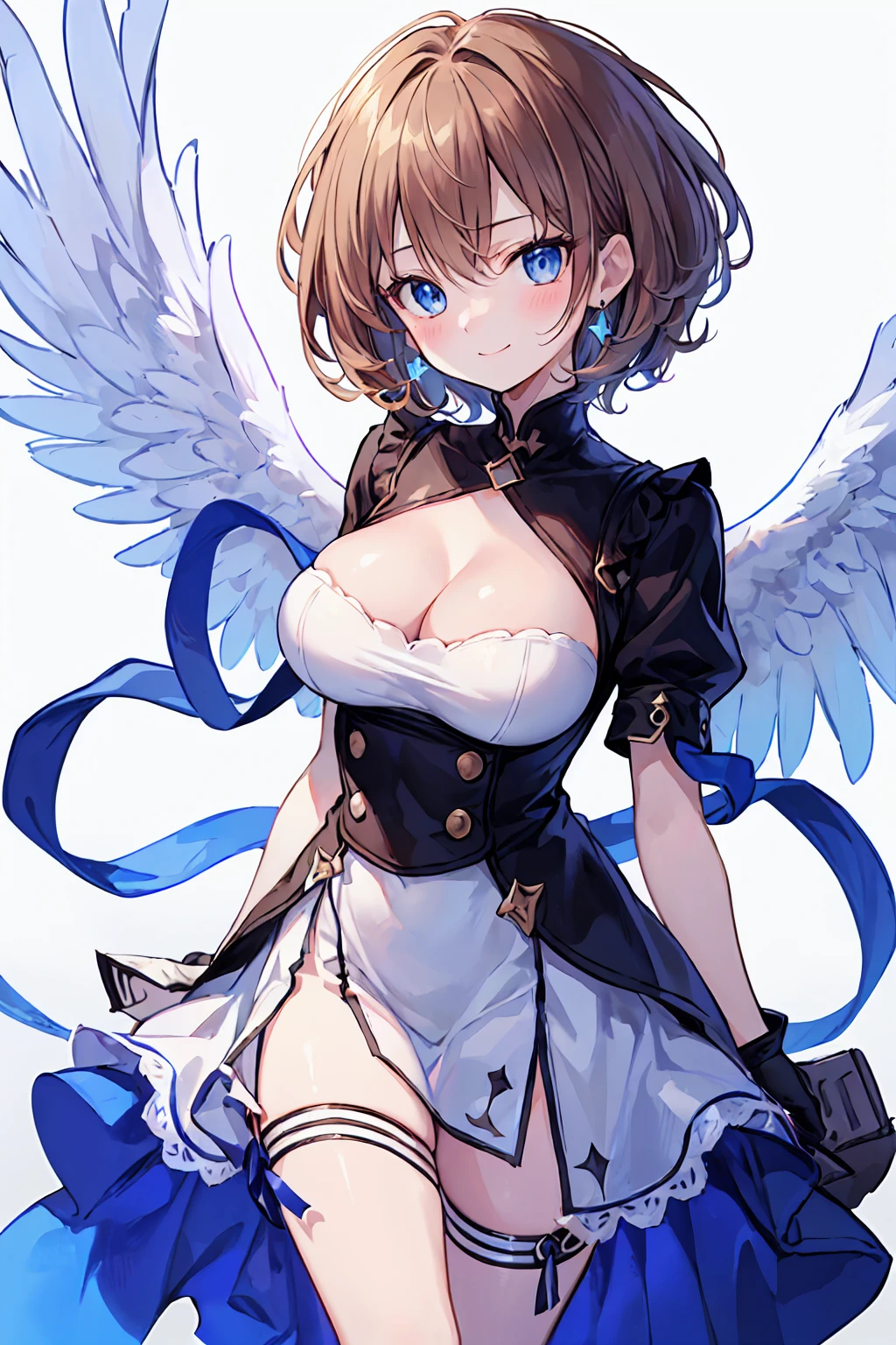 (Highest quality), (Ssuperiorer detailed), (Best illustrations), (masterpiece), score_9, score_8_superior, score_7_superior, masterpiece, Crazy Details, 4K, 
(woman), put your hands in your hair, {(White Seraphim:1.2)}, (Large Breasts:1.2), {Brown Hair, (Sideburns), (Bobcut:1.3), Curly Hair, Hair between the eyes, Inner hair color}, {(Fine grain), blue eyes}, Captivating smile, blush, Earrings, Wind, White Background