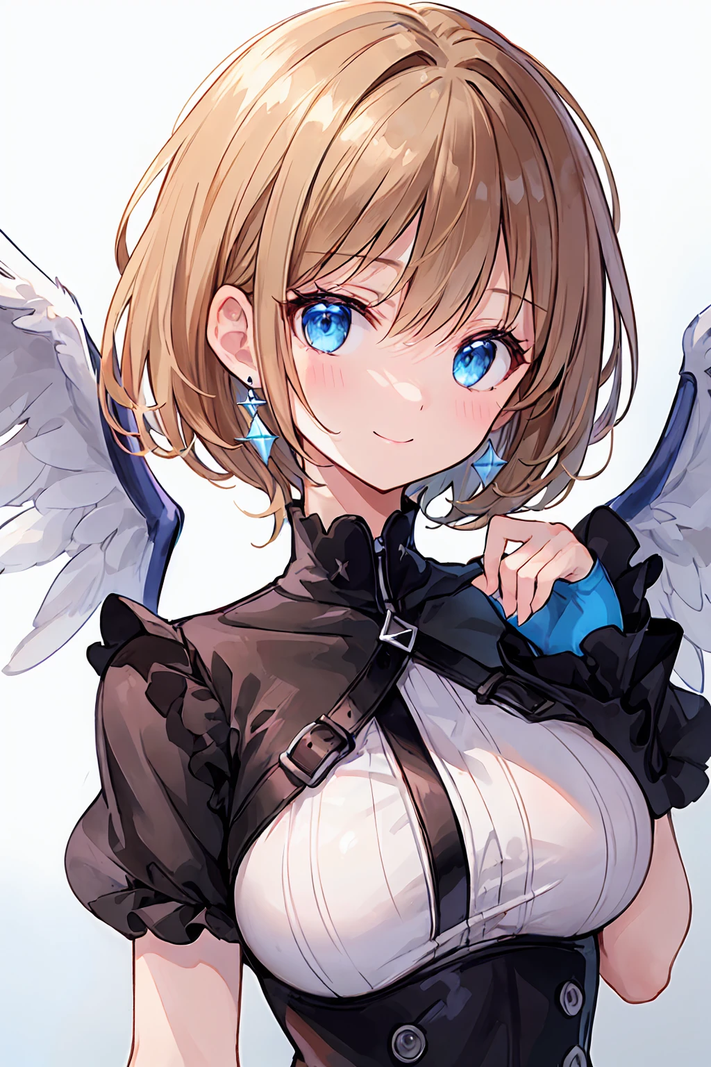 (Highest quality), (Ssuperiorer detailed), (Best illustrations), (masterpiece), score_9, score_8_superior, score_7_superior, masterpiece, Crazy Details, 4K,
(woman), put your hands in your hair, {(White Seraphim:1.2)}, (Large Breasts:1.2), {Brown Hair, (Sideburns), (Bobcut:1.3), Curly Hair, Hair between the eyes, Inner hair color}, {(Fine grain), blue eyes}, Captivating smile, blush, Earrings, Wind, White Background