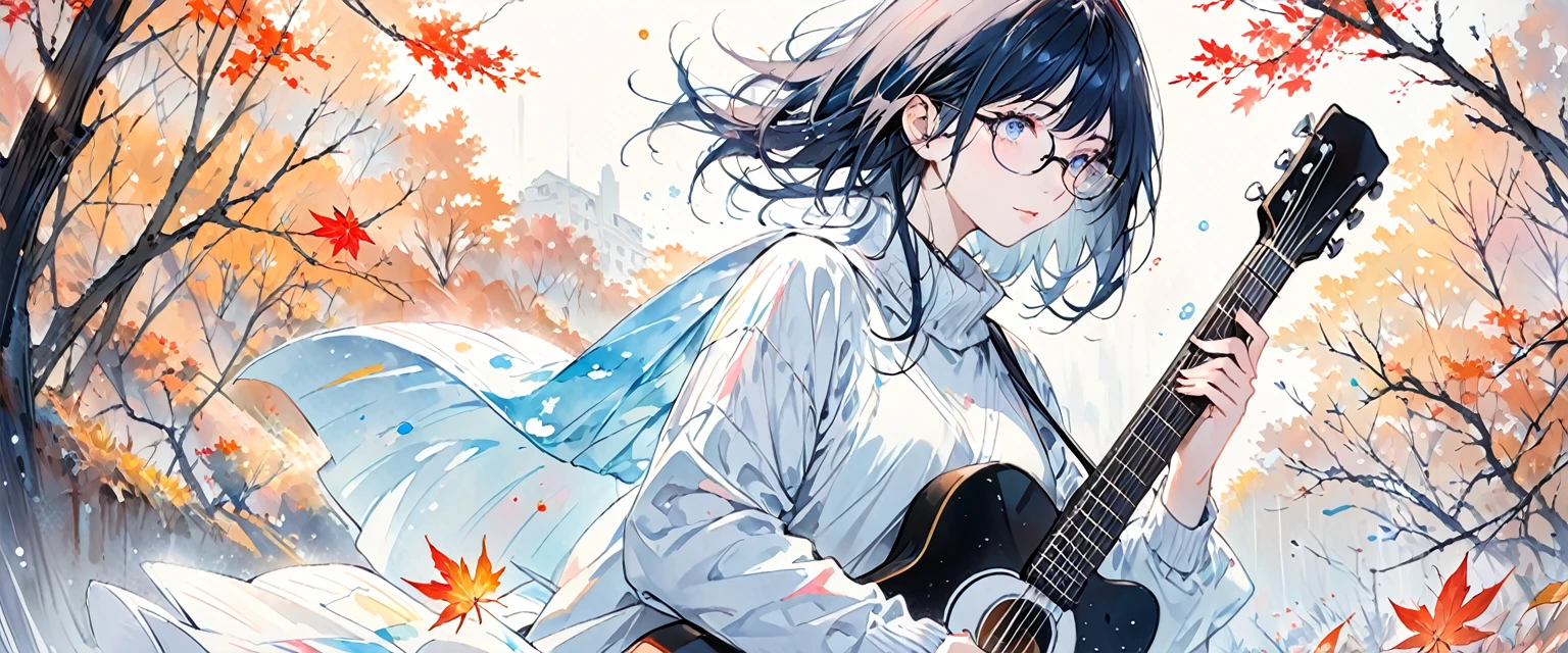 A painting by mse《Woman wearing glasses》，author：agnes cecile, Luminous design, Soft colors, Ink drops, Autumn Lights, Holding Guitar, Accorstic guitar