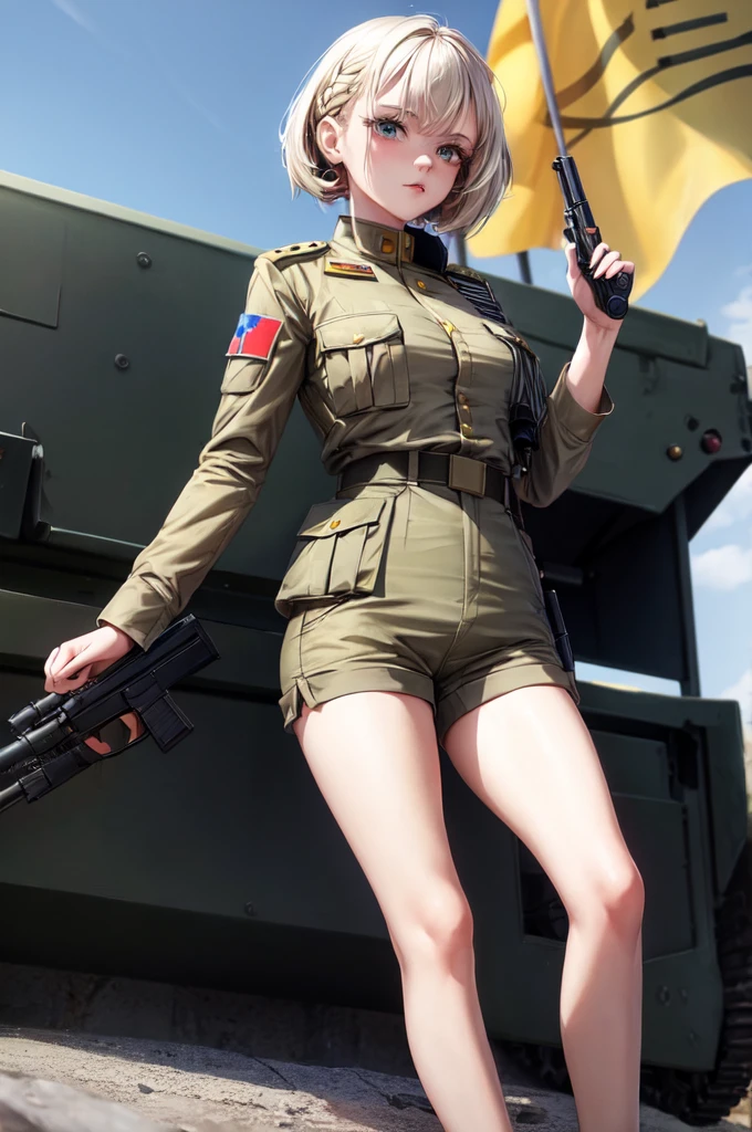 a beautiful girl, 25 years old, Ukrainian, modern make-up and hairstyle, a khaki top, a military jacket with a flag of Ukraine, short khaki color shorts, slender legs, holding a gun