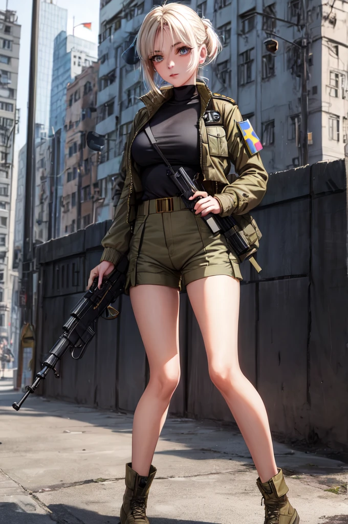 a beautiful girl, 25 years old, Ukrainian, modern make-up and hairstyle, a khaki top, a military jacket with a flag of Ukraine, short khaki color shorts, slender legs, holding a gun