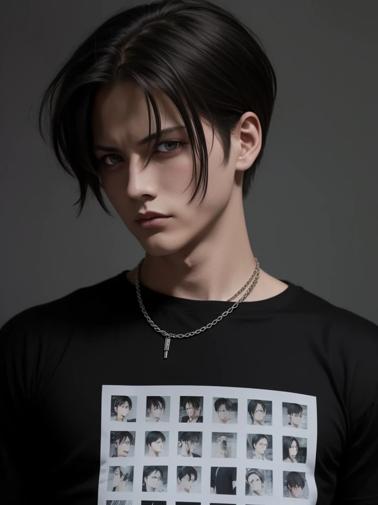 boy, Levi Ackerman, handsome men, black hair, sharp eyes, black t-shirt, dashing, realistic, ultra detail, 70mm lens,