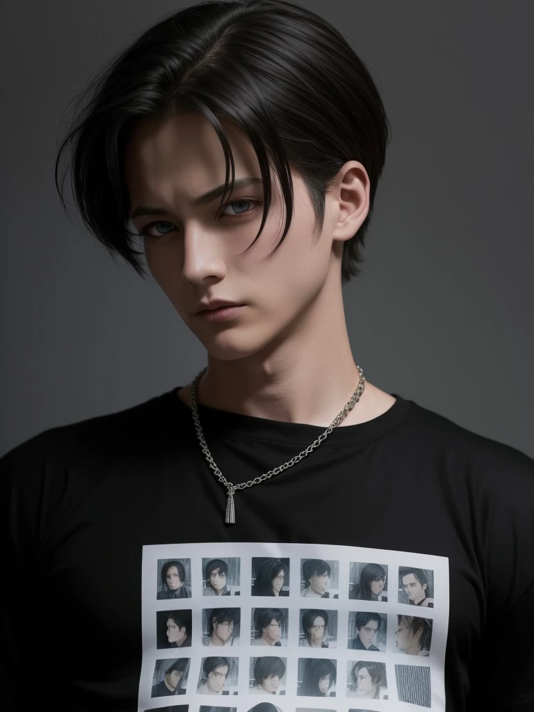 boy, Levi Ackerman, handsome men, black hair, sharp eyes, black t-shirt, dashing, realistic, ultra detail, 70mm lens,