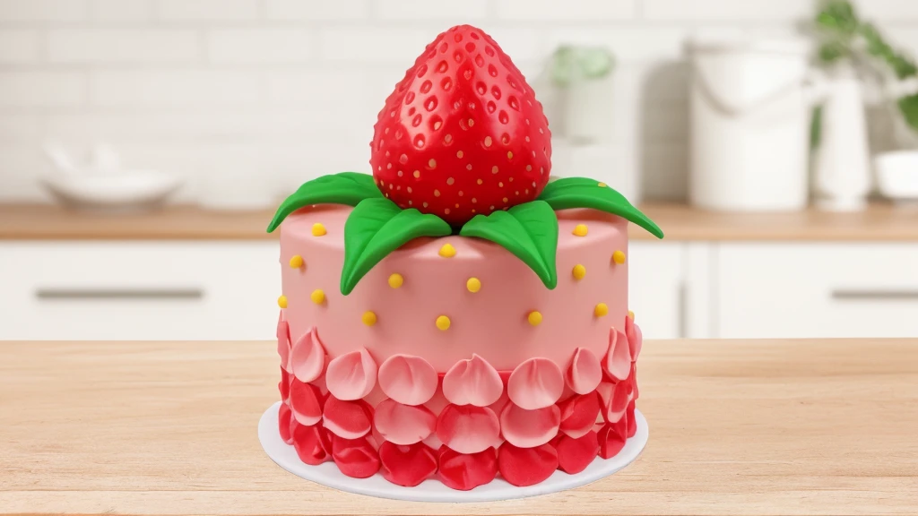 in the kitchen, on a wooden table, on a porcelain plate, a tiny pink cream cake, the bottom is decorated with cream petals, on top of the cake is a polymer clay candy in the form of a strawberry with leaves, the cake is decorated with tiny yellow dragee candies, bright lights, soft light, window light, professional lighting, light from the window, neat light, realistic texture, realistic style, detailed texture, high quality, high resolution, high quality rendering, realistic photo, brightning light, macro photo, 4k ultra HD