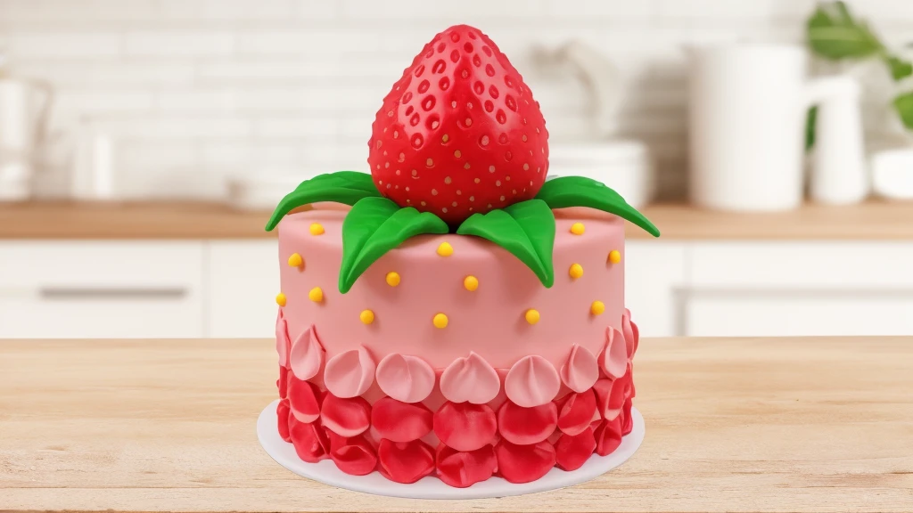 in the kitchen, on a wooden table, on a porcelain plate, a tiny pink cream cake, the bottom is decorated with cream petals, on top of the cake is a polymer clay candy in the form of a strawberry with leaves, the cake is decorated with tiny yellow dragee candies, bright lights, soft light, window light, professional lighting, light from the window, neat light, realistic texture, realistic style, detailed texture, high quality, high resolution, high quality rendering, realistic photo, brightning light, macro photo, 4k ultra HD