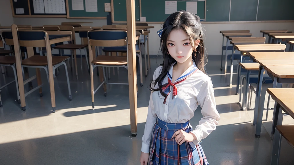 masterpiece, Highest quality, High resolution, Ichinose Shiki, Idol Master, wide, Both sides up, Hair Ribbon, He drowned, Medium ??????, Earrings, Sailor suit, School landscape background, classroom (Please draw a sIngle girl walk in a classroom school :1.3) ((girl1名)), (alone, face,17 years old:2.0), high school student. Complete Finish, Refers to the whole, ((Perfect Fingers)), Medium rear, Ingle, Perfect Eyes, アメリカンジャケット 日本の制服 girl ((White blouse with formal collar, Blue Blazer, Blue plaid skirt, Red checkered ribbon on blouse)) (Detailed lighting), (Detailed Background), (In the school zone), ((Full body view)), ((Are standing)), ((feet)), Zapatos Uwabaki. 美しい独身のgirl (girl), Full Body Shot. The background is school., Front ((walk, Are standing)). Beautiful eyelashes, compensate, electric eyes, ((Perfect shoes))