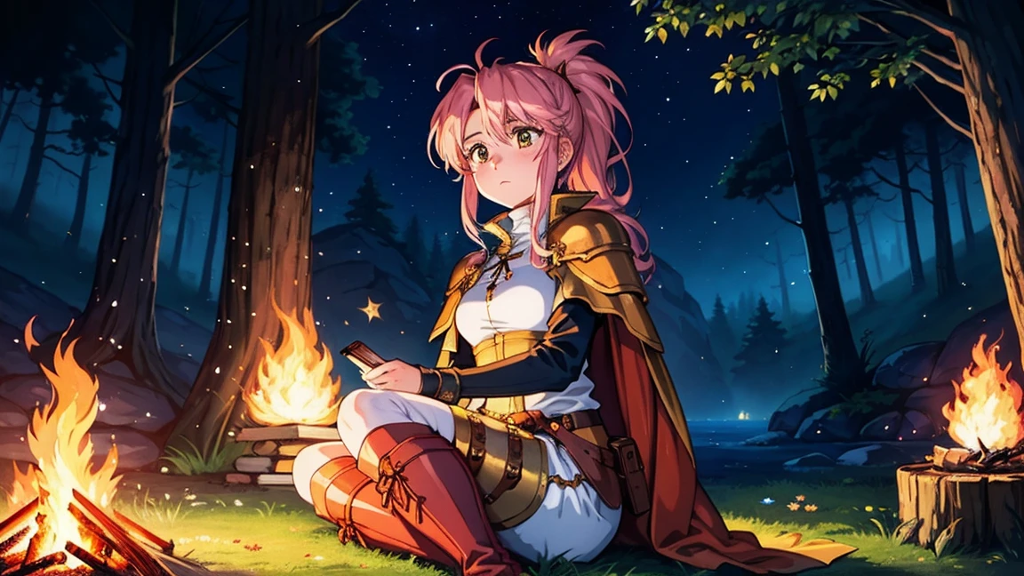 A human female adventurer camping outdoors in a fantasy game world. She is lying down on a blanket near a campfire, gazing thoughtfully at the stars. She has long, braided hair and is dressed in medieval-style adventurer clothing with leather armor and a cloak. The warm, flickering campfire light highlights her relaxed and contemplative expression. The background features a dense, enchanted forest under a starry night sky. The scene is brought to life with detailed shading and vibrant colors. 1920x1080 resolution.