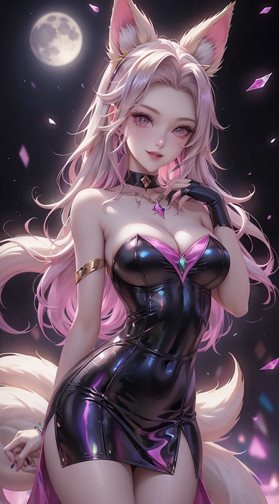 1girl, animal_ears, tail, pink_hair, solo, jewelry, , naked_b, flonir, fox_ears, dress, fox_tail, cleavage, lookinwer, ahri_(league_of_legends), earrings, black_dress, purple_eyes, necklace, sitting, bare_shoulders, moon, strapless_dress, facial_mark, strapless, fox_girl, multiple_tails, whisker_markings, medium_breasts, makeup, full_morry_background, gem, smile