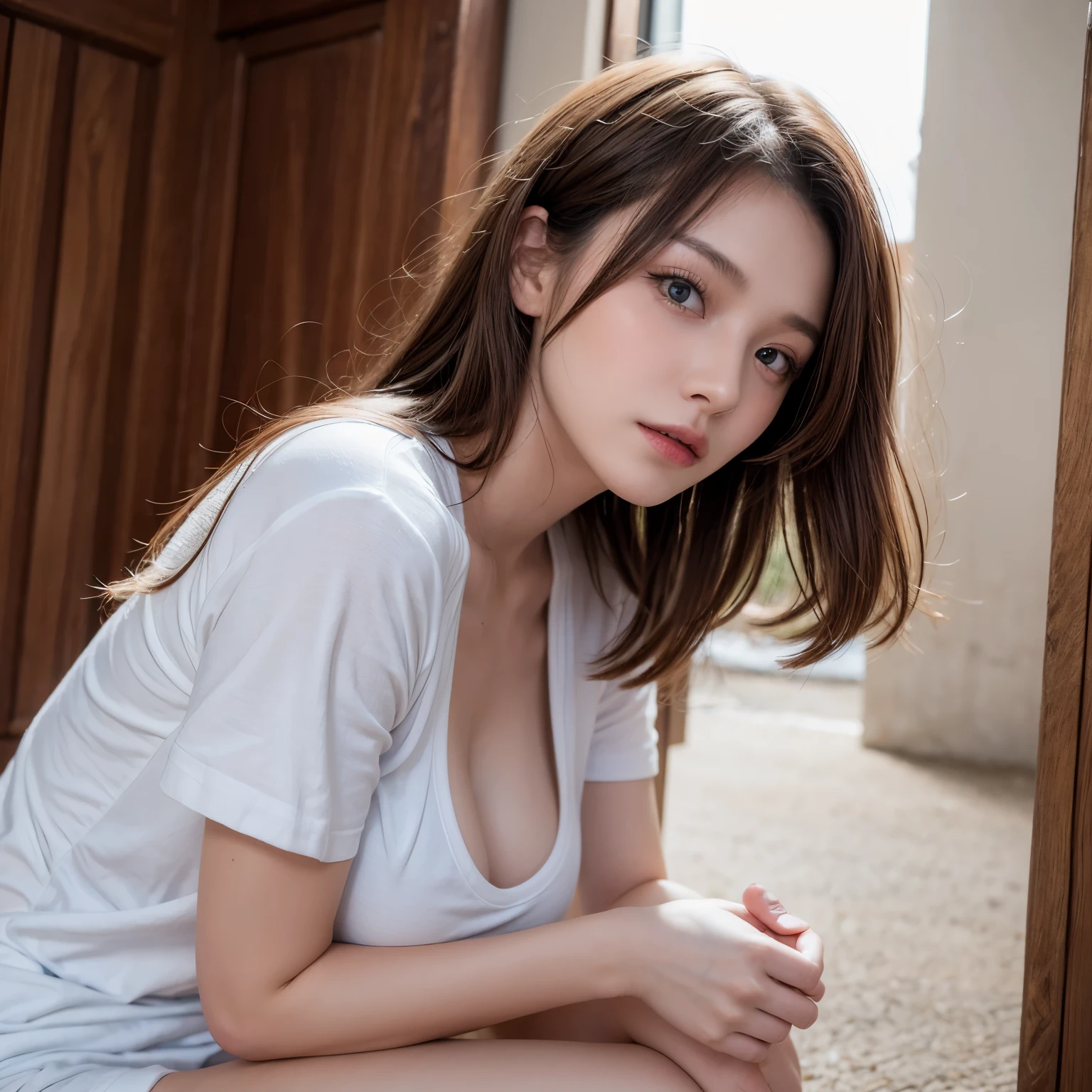 ((Best quality, 8K, Masterpiece: 1.3)), Focus: 1.2, Perfect body beauty: 1.4, (Very large breasts, Hidden nipples), Wearing white t-shirt and halfdenim, Highly detailed face and skin texture, Fine eyes, Double eyelids, White skin, Long hair, Rooftop, night,(leaning forward:1.3), (hands on knees:1.3)