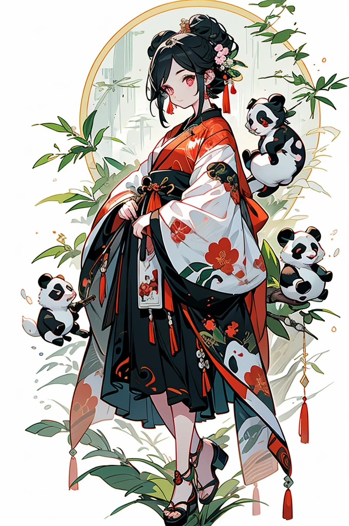 white backgrounid,Under bamboo leaves, (The panda sits on a branch),pandas,(1Blittle girl:1.5,The upper part of the body,looking at viewert),Pink and white clothes,facial closeups,big beatiful eyes,detailed face with,Flashy clothes,Ethereal panda,(Chinese Panda),Dreamy,Onmyoji detailed art,A beautiful artwork illustration,mythological creatures,pandas,Beautiful digital artwork,shoes,Footwear, China_dress,