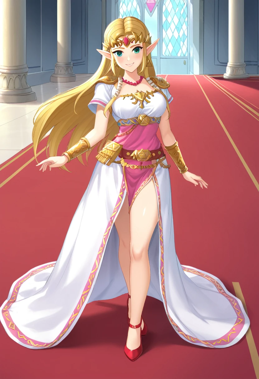 Princess Zelda, in a gorgeous castle, standing gracefully, ((red carpet on the floor)), soft smile