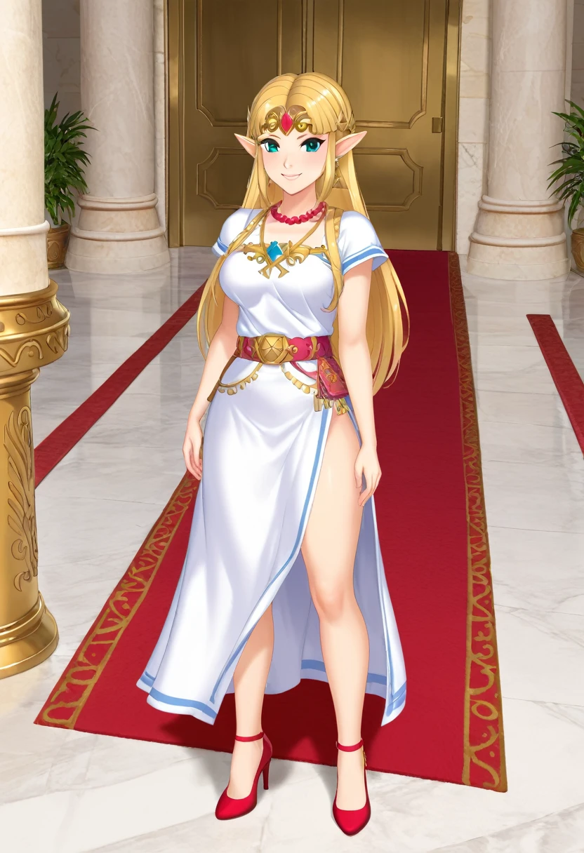 Princess Zelda, in a gorgeous castle, standing gracefully, ((red carpet on the floor)), soft smile