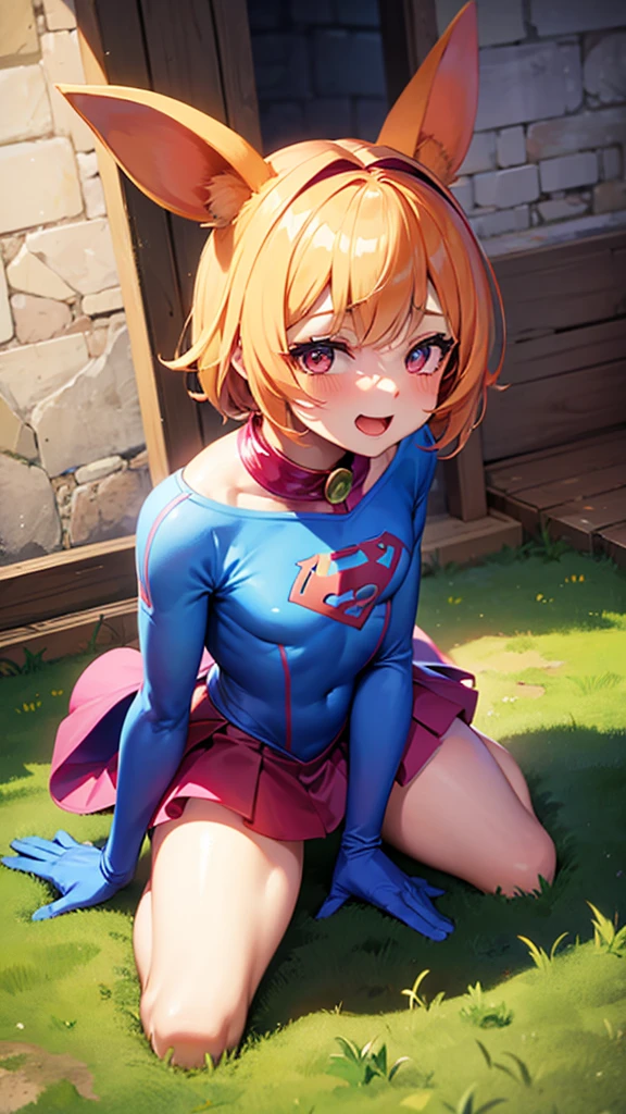 Femboy, cutesy, superhero costume, happy,kneeling on the ground,Mid-ground character