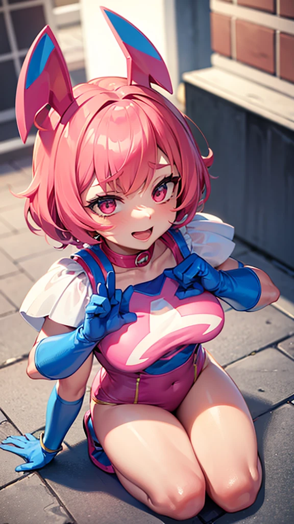 Femboy, cutesy, superhero costume, happy,kneeling on the ground,Mid-ground character