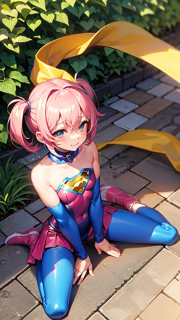 Femboy, cutesy, superhero costume, happy,kneeling on the ground,Mid-ground character
