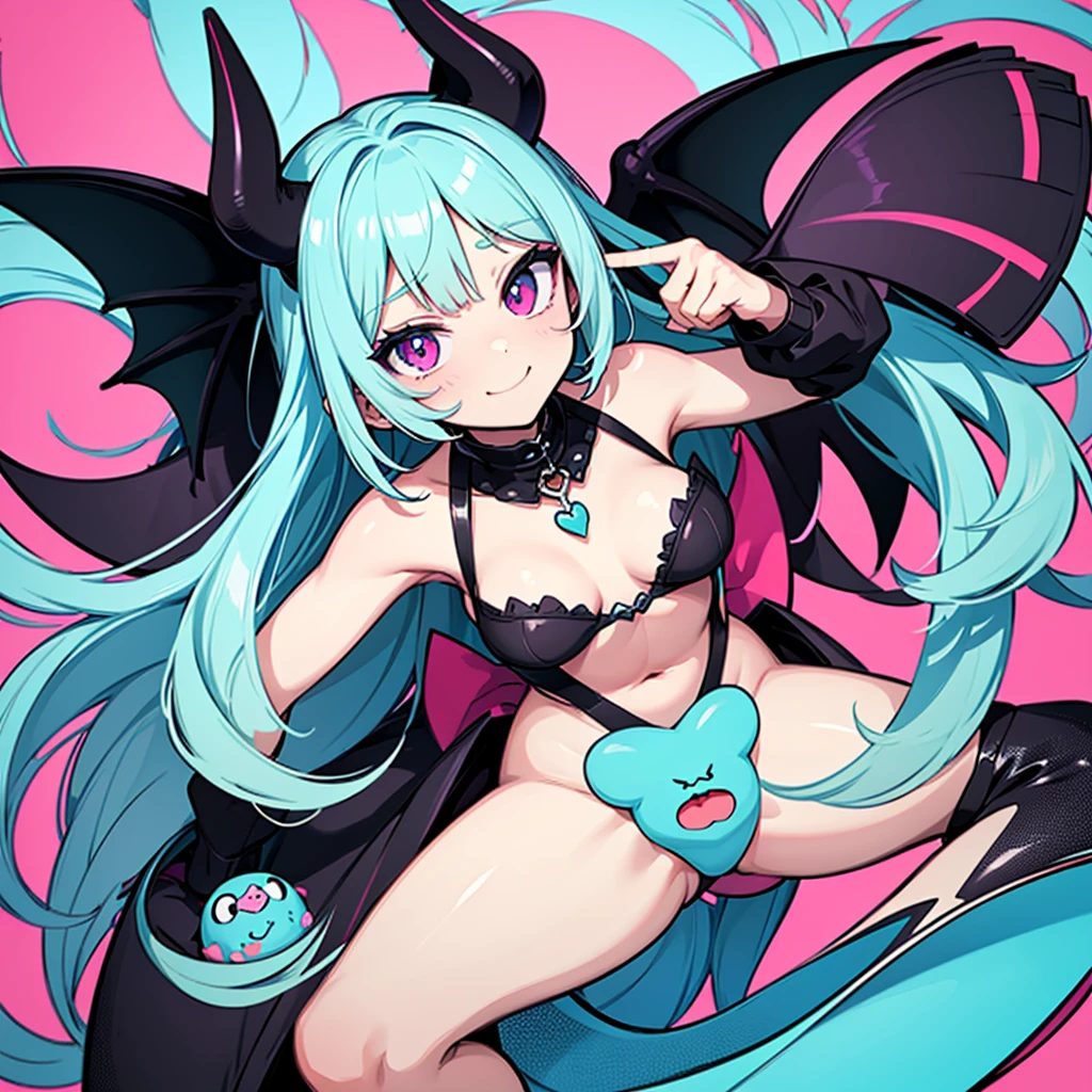 A cute demon girl in a modern contemporary art style, enjoying pop culture with her adorable demon companions. The scene is vibrant and colorful, with the demon girl depicted using softer color contrasts and smooth gradients to define her features. She has large, expressive eyes, a playful smile, and stylish, trendy clothing. Her demon companions are small and cute, with unique features and colors, adding to the pop atmosphere. The girl has demon wings and a tail with a heart-shaped tip. The background features more elaborate abstract shapes and patterns with bright colors, utilizing new and innovative drawing techniques to create a lively and dynamic environment. The entire composition uses a lineless 8-bit art style, with color variations creating depth and texture, making the characters and scene feel dynamic and engaging. There is no text or logos in the image. The overall tone is softer with reduced contrast for a pastel-like effect