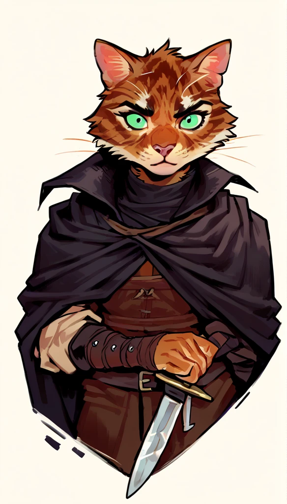 score_9, score_8_up, score_7_up, (thick lines:1.25), (clear simple background, white background, papyrus background),
((tabaxi), anthro, solo, female, (closeup portrait, focus on face), (holding dagger, assassin, rogue), ((wearing dark robe, cape)), (cat fur)), beautiful