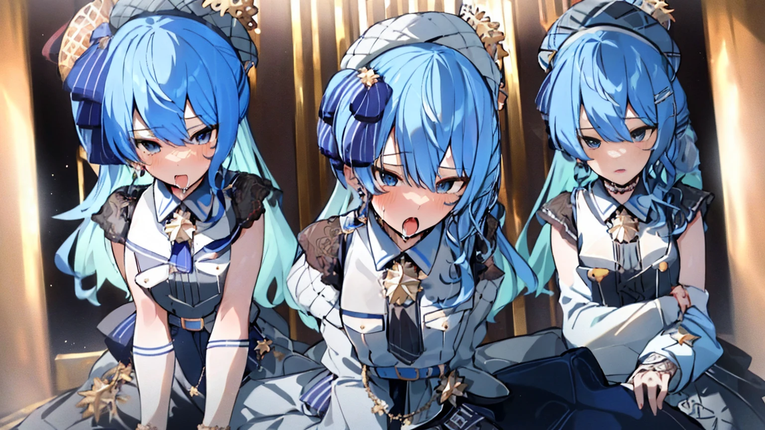 masterpiece, best quality, large breasts, blue eyes, forehead bangs, blue hair, long hair, embarrassed, with angelic wings, (angelic halos:1.2), in a heavenly paradise. flowing white gowns with golden accents and delicate, multiple girls, (1boy:1.2), (pov:1.2), (sex:1.2), (3girls:1.2), (cowgirl position:1.3), (girl on top:1.2), (straddling:1.2), (nsfw:1.2)