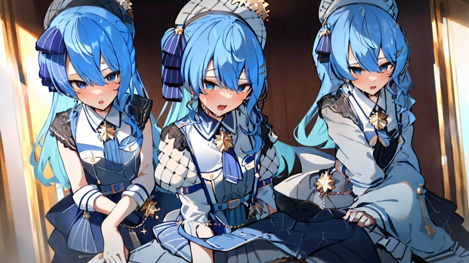 masterpiece, best quality, large breasts, blue eyes, forehead bangs, blue hair, long hair, embarrassed, with angelic wings, (angelic halos:1.2), in a heavenly paradise. flowing white gowns with golden accents and delicate, multiple girls, (1boy:1.2), (pov:1.2), (sex:1.2), (3girls:1.2), (cowgirl position:1.3), (girl on top:1.2), (straddling:1.2), (nsfw:1.2)