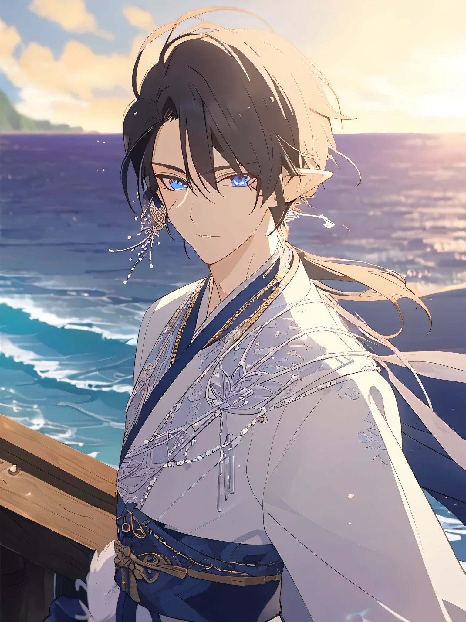 1man, royal, elven, black hair, short messy hairstyle, glowing blue eyes, sea, elegant, traditional thai costume,