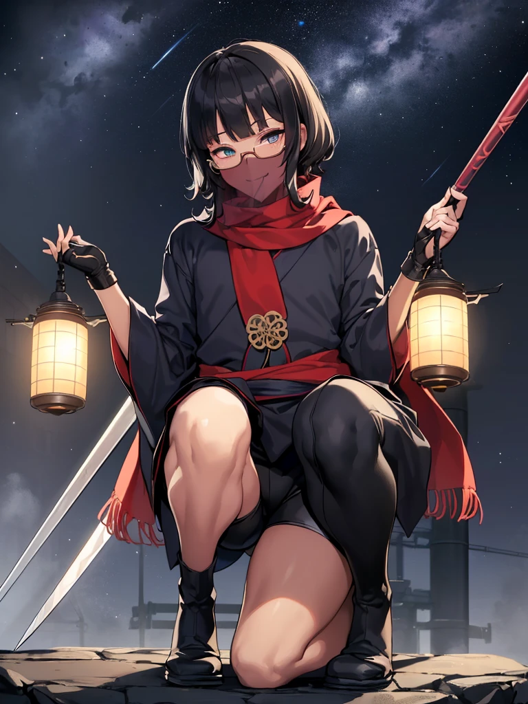 (flat chest:), (masterpiece:1.2), highest quality, High resolution, unity 8k wallpaper, (fine and beautiful eyes:1.6), highly detailed face, perfect lighting, Detailed CG, (perfect hands, perfect anatomy), (1 boy solo:1.4), 20 years old, black hair, extremely beautiful detailfeminine face and eyes, (evil smile:1.4), detailed eyes, best quality,( dark skin:1.8), (turtleneck shirt under yukata:1.2), (bike shorts:1.2), extremely detailed, very precise detailed, (glasses:1.3), blunt bangs, open mouth, (very short pixie cut:1.2), boots,fingerless gloves, smile, half closed eyes, ,(on kawara roof,night sky:1.2), ,long sidelocks,(long red Scarf),(yukata), (grab long pole weapon:1.4),(squatting), ears,(acrobat pose:1.3),(squat:1.3), 1long pole weapon,leaning forward,(one knee dwon:1.5),(Put one foot in front:1.3),(stylish pose:1.4),(2 legs:1.9),mouth veil