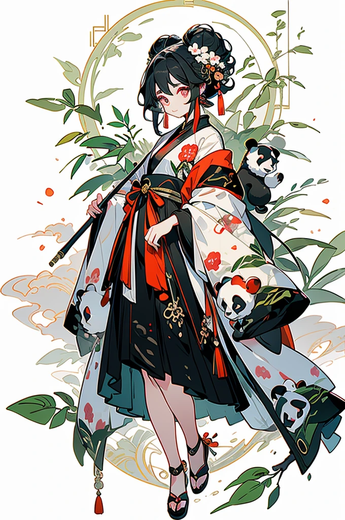 white backgrounid,Under bamboo leaves, (The panda sits on a branch),pandas,(1Blittle girl:1.5,The upper part of the body,looking at viewert),Pink and white clothes,facial closeups,big beatiful eyes,detailed face with,Flashy clothes,Ethereal panda,(Chinese Panda),Dreamy,Onmyoji detailed art,A beautiful artwork illustration,mythological creatures,pandas,Beautiful digital artwork,shoes,Footwear, China_dress,