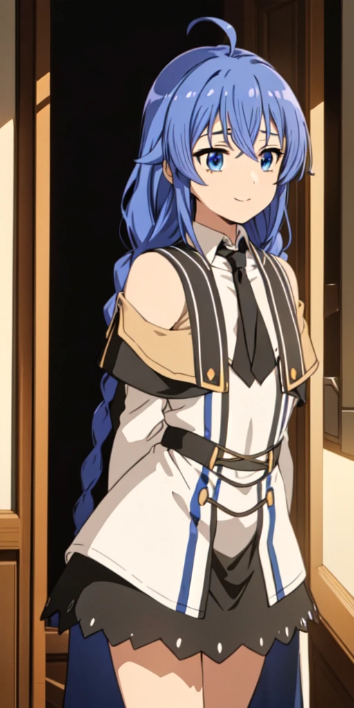1girl,solo,full body,standing,(blue hair:1.2),long hair,twin braids,ahoge,(blue eyes:1.2),(beautiful fingers:1.2),(perfect anatomy:1.4),(arms_behind_back:1.4),(cold_shoulder:1.2),masterpiece,best quality,(Ultra high definition eyes:1.2),8k,(Beautiful detailed eyes:1.2),(Fine and beautiful eyes:1.2),(pretty eyes:1.2),finely detail,extremely CG, absurdres,high resolution,illustration,Detailed and beautiful outlines,finely detail,high resolution,(colorful refraction:1.4,Increase saturation:1.2),beautiful lighting,dynamic lighting,closed room,black background,simple background, smile,looking at viewer,white dress, neck ribbon, black ribbon, black skirt, brown cape