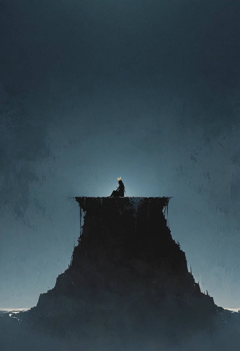 A simple one,Minimalist illustration, girl sitting on the edge of the cliff，A golden crown on his head，loneliness，On the edge of a cliff,Dangling，bridge，Gold and royal blue