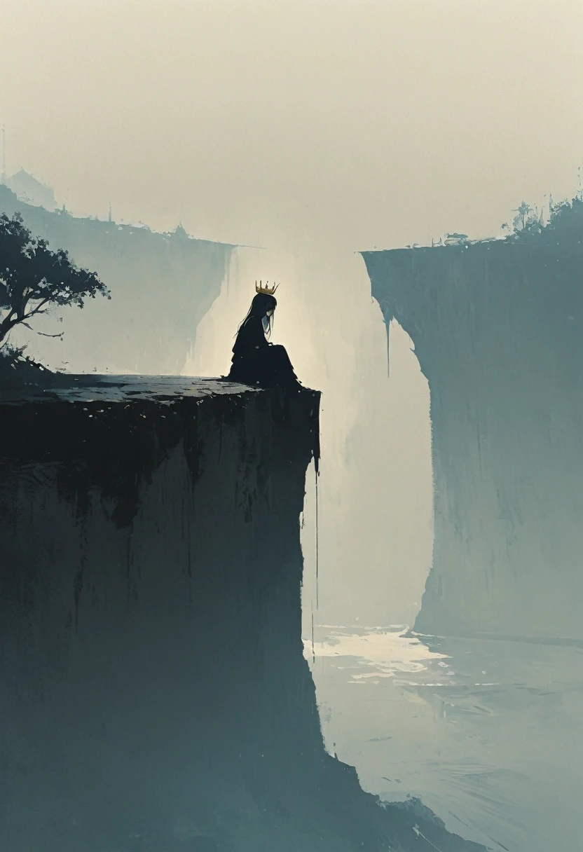 A simple one,Minimalist illustration, girl sitting on the edge of the cliff，A golden crown on his head，loneliness，On the edge of a cliff,Dangling，bridge，Gold and royal blue