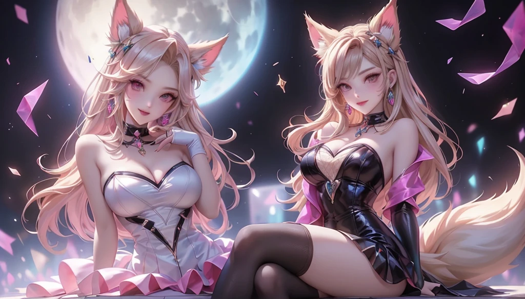 1girl, animal_ears, tail, pink_hair, solo, jewelry, breasts, naked_boobes, flong_hair, fox_ears, dress, fox_tail, cleavage, looking_at_viewer, ahri_(league_of_legends), earrings, black_dress, purple_eyes, necklace, sitting, bare_shoulders, moon, strapless_dress, facial_mark, strapless, fox_girl, multiple_tails, whisker_markings, medium_breasts, makeup, full_moon, blurry_background, gem, smile