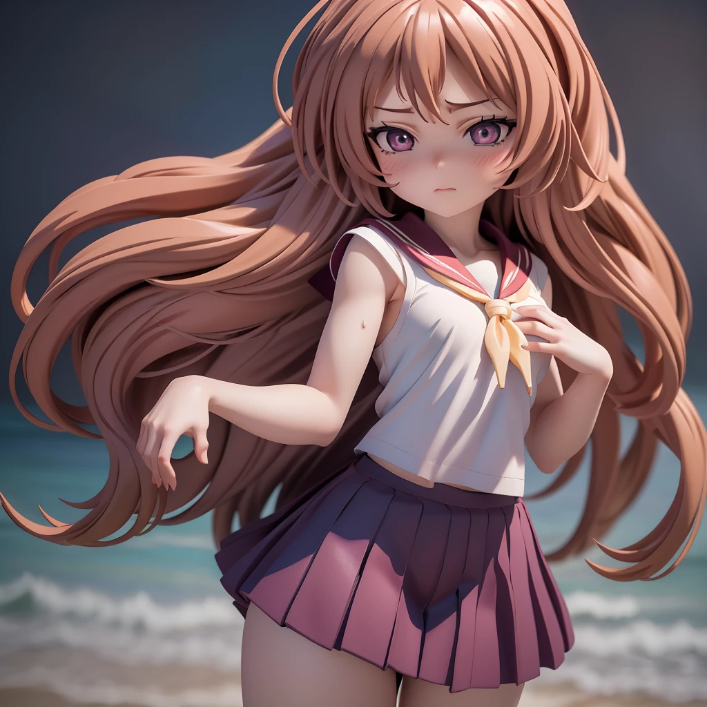 One girl, Long Hair, barefoot, 1 Mini Giantess Mini Giantess (feminine, Losing weight, sexy, Torn clothes, Sweat), (Medium Chest: 1.5) Looking down, Dynamic pose,   Sailor suit、Long skirt, Anxious face (Highly refined skin),  Detailed face, 8K Ultra HD, Soft Light, high quality, Full body portrait.Strong winds