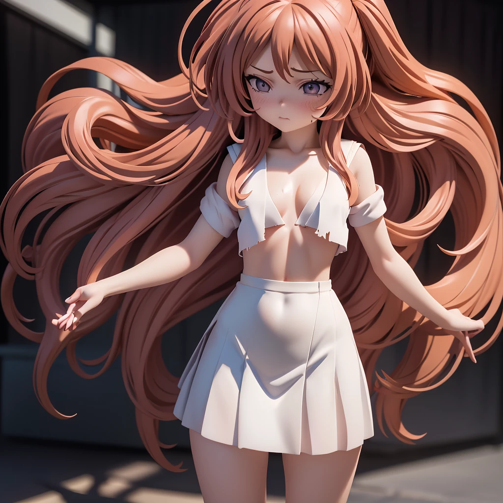 One girl, Long Hair, barefoot, 1 Mini Giantess Mini Giantess (feminine, Losing weight, sexy, Torn clothes, Sweat), (Medium Chest: 1.5) Looking down, Dynamic pose,   Sailor suit、Long skirt, Anxious face (Highly refined skin),  Detailed face, 8K Ultra HD, Soft Light, high quality, Full body portrait.Strong winds