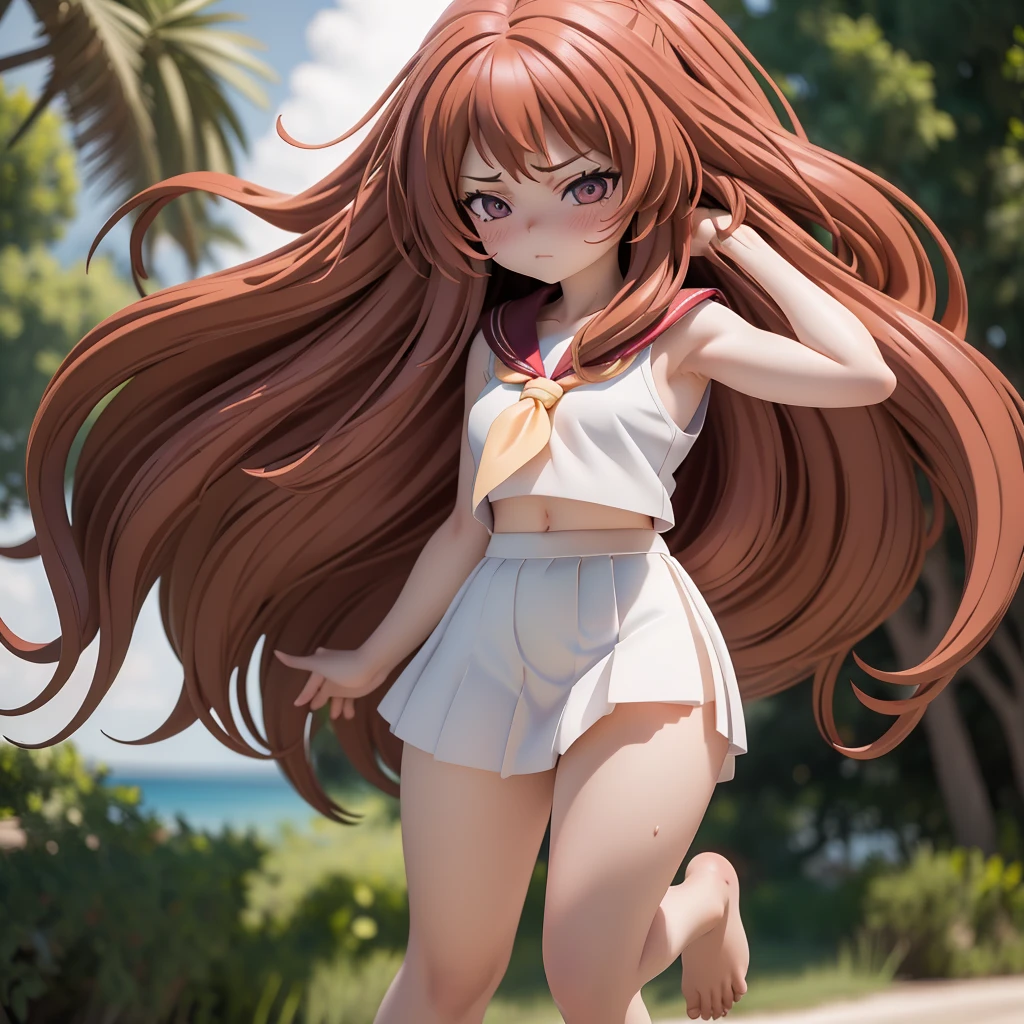 One girl, Long Hair, barefoot, 1 Mini Giantess Mini Giantess (feminine, Losing weight, sexy, Torn clothes, Sweat), (Medium Chest: 1.5) Looking down, Dynamic pose,   Sailor suit、Long skirt, Anxious face (Highly refined skin),  Detailed face, 8K Ultra HD, Soft Light, high quality, Full body portrait.Strong winds