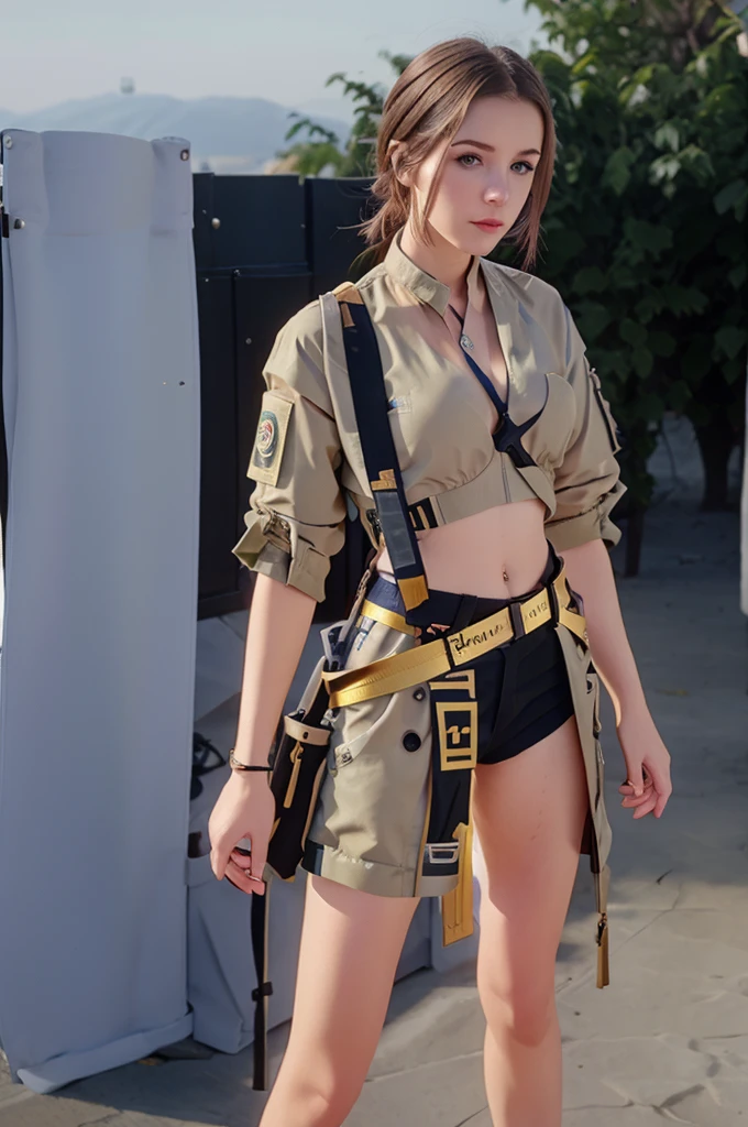 a beautiful girl, 25 years old, Ukrainian, modern make-up and hairstyle, a khaki top, a military jacket with a flag of Ukraine, short khaki color shorts, slender legs, holding a gun