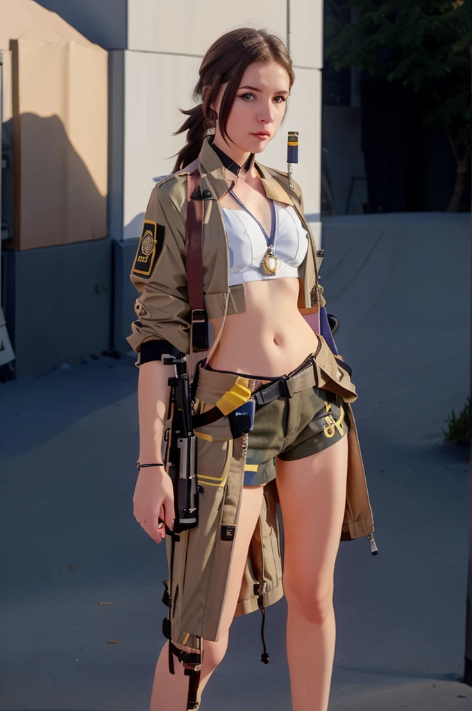 a beautiful girl, 25 years old, Ukrainian, modern make-up and hairstyle, a khaki top, a military jacket with a flag of Ukraine, short khaki color shorts, slender legs, holding a gun