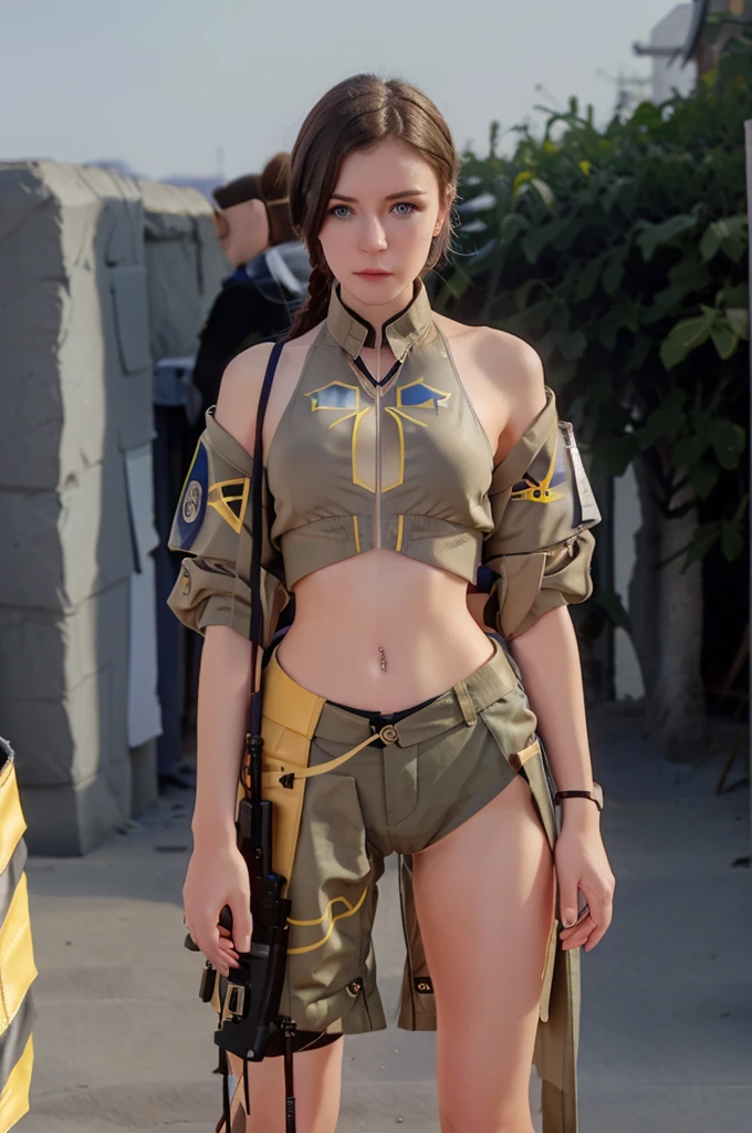 NSFW, super hot thin naked cyberpunk girl in super bikini with gun, combat boots, bare arms, full body, realistic, best quality, ultra high resolution, photorealistic, octane rendering, photorealistic face, 8k, masterpiece, realistic skin texture, movie lighting, beautiful eyes, perfect face, cute, standing