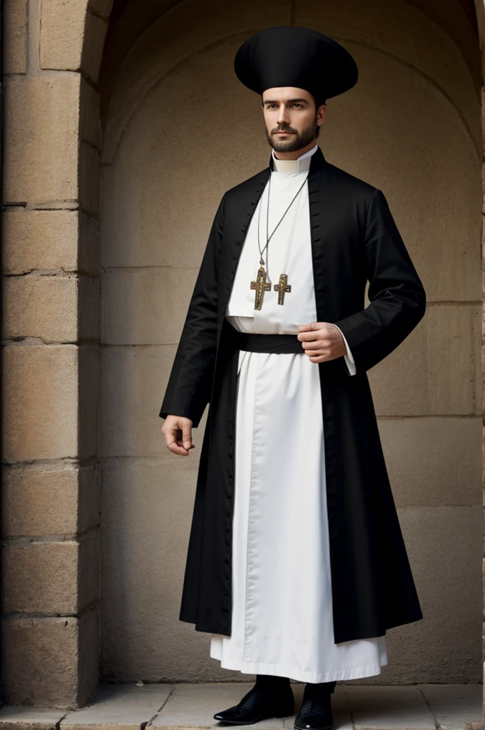 Create the image of a head-to-toe French priest from the 1850s era, with the black tunic
