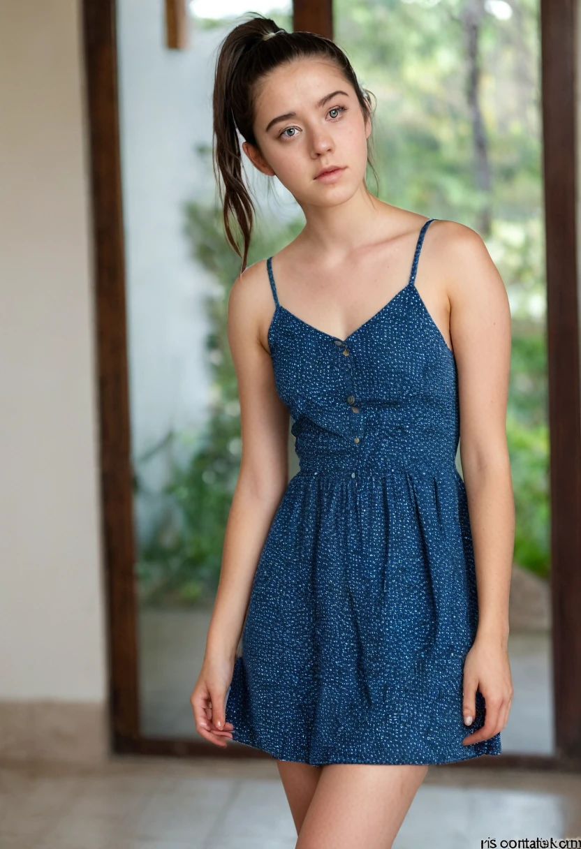 full body shot, 19 yrs old woman, 1.65m high, dark hair, ponytail, a strand of hair on the face, brown eyes, standing, sandals, blue dress, perfect face, (Kontakt Iris: 1.1), pale skin, some skin blemishes, several birthmarks, skin pores, low depth of field, soft light, low light, masterpiece, 8K, (Beautiful eyes with very delicate:1.3),(beautiful big clear eyes)